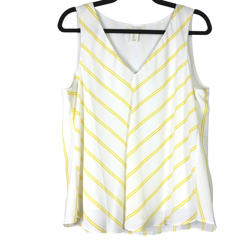 Cynthia Rowley Womens Large‎ V-Neck Sleeveless Striped Blouse Yellow White